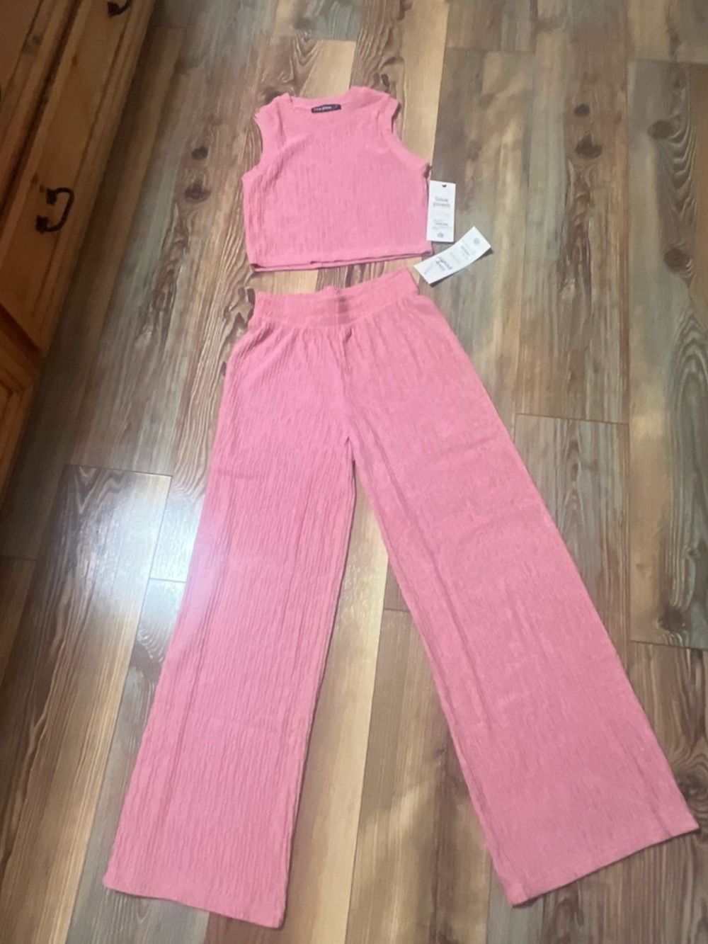 Ribbed Pink Two-Piece Crop Top & Wide-Leg Jumpsuit Set